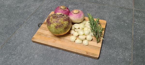 High angle view of vegetables on cutting board