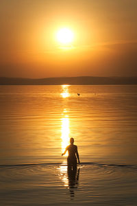 Silhouette man on boat in sea against sky during sunset