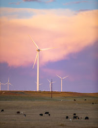 Wind turbines in field against clouds and blue sky at dusk