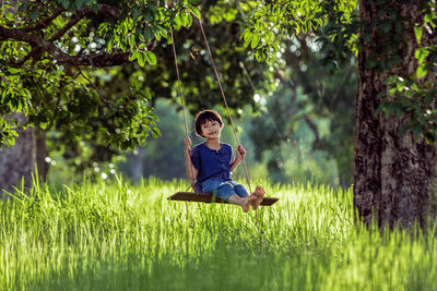 Rear view of a boy sitting on grass