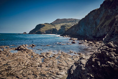 Scenic view of sea against clear blue sky