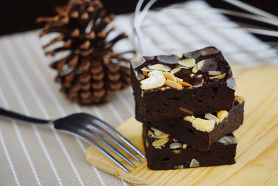 Close-up of chocolate cake on table