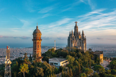 Ancient church on a hill in barcelona. bird's eye view