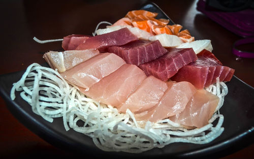 Close-up of seafood in plate on table