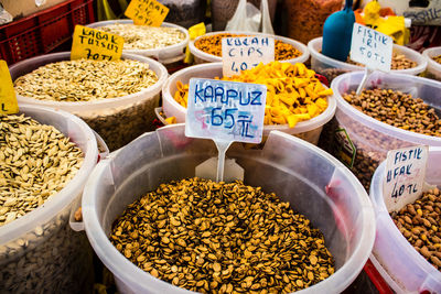 High angle view of food for sale at market stall