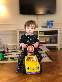 Portrait of boy playing with toy at home