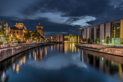 Illuminated buildings in water