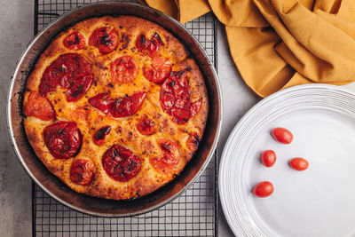 High angle view of pizza on table