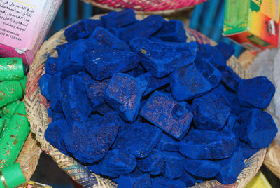 High angle view of blue for sale in market