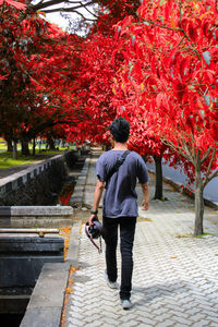 Rear view of man walking on footpath at park