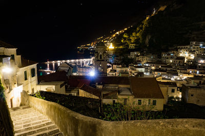 High angle view of illuminated city against sky at night