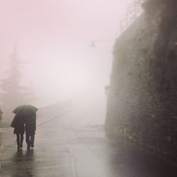 Rear view of woman walking on road in foggy weather