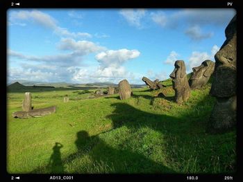 Trees on field against cloudy sky