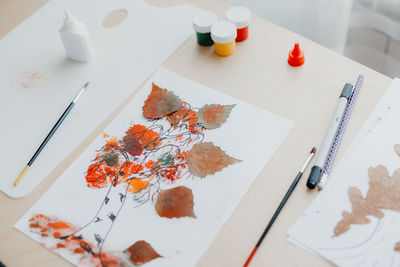 High angle view of objects on table