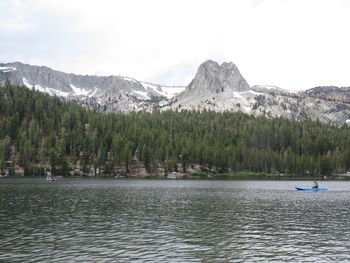 Scenic view of lake by mountains against sky