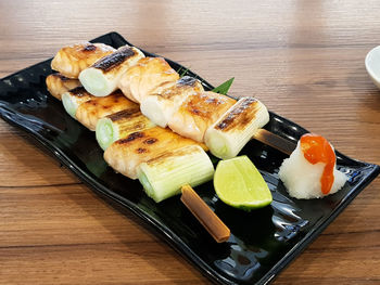 High angle view of sushi in plate on table