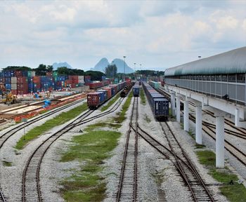 Railroad tracks by road against sky