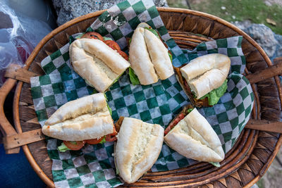 High angle view of bread in basket on table