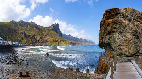 Panoramic view of sea and rocks against sky