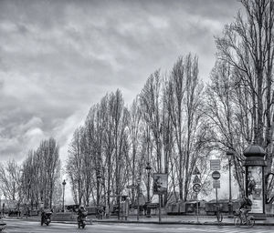 Bare trees by street in city against sky