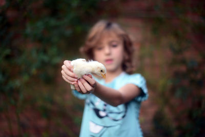 Girl holding bird while standing outdoors