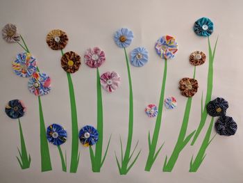 High angle view of flowering plants on table