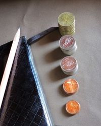 High angle view of wine and glasses on table