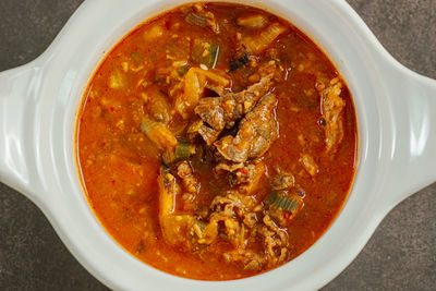 High angle view of soup in bowl on table