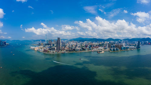 High angle view of city buildings at waterfront