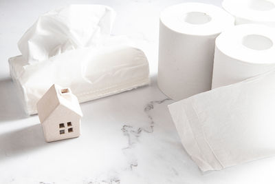 High angle view of papers on white table