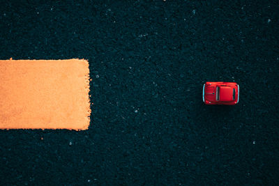 High angle view of red toy car