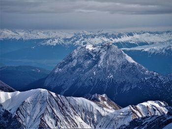 Scenic view of snowcapped mountains against sky