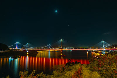 Illuminated bridge over river at night