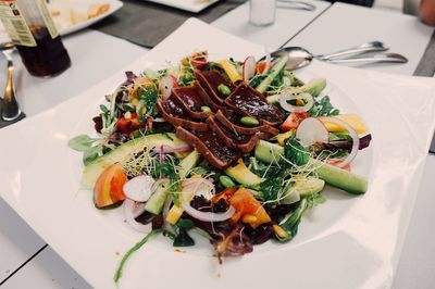 High angle view of salad in plate on table