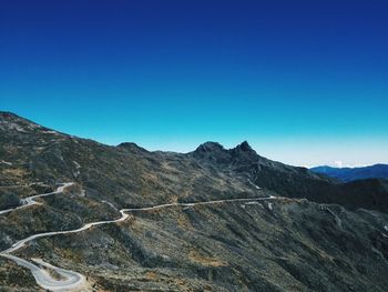 Scenic view of mountains against clear blue sky