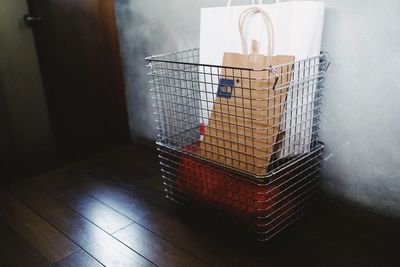 High angle view of wicker basket on table