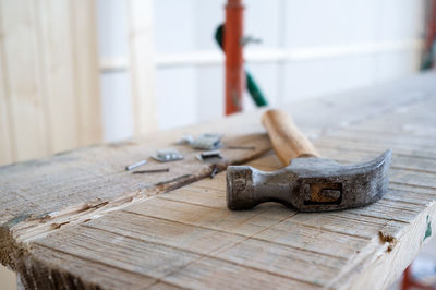 Close-up of messy wooden table