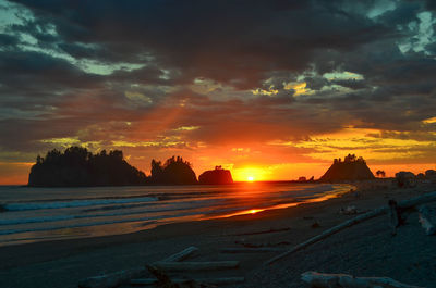 Scenic view of beach against sky during sunset