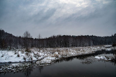 Scenic view of lake against sky during winter