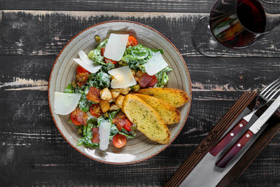 High angle view of food in plate on table