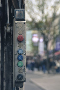 Close-up of alarm bell on metal object