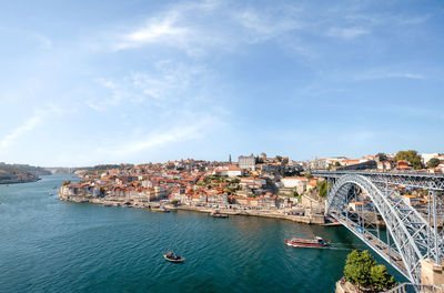 High angle view of bridge over river against buildings in city