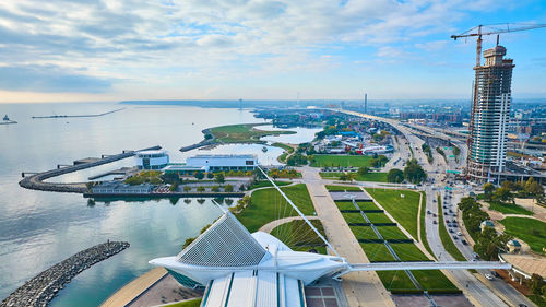 High angle view of cityscape against sky