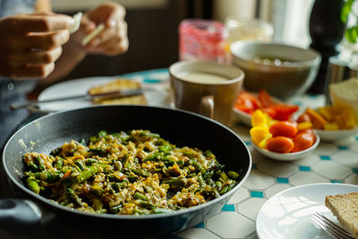 Cropped image of hands over breakfast served on table