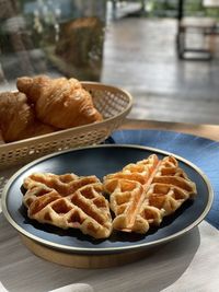 Close-up of breakfast served on table