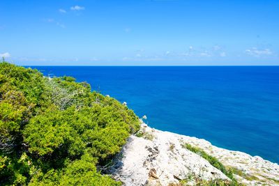 Scenic view of sea against blue sky