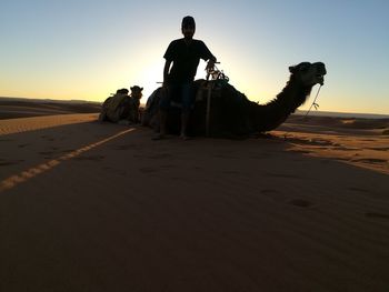 Silhouette man riding in desert against sky during sunset