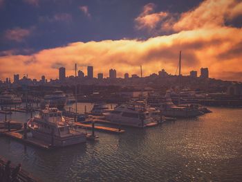 City at waterfront during sunset