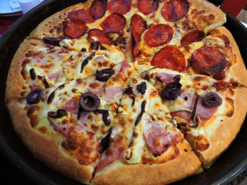 Close-up of pizza served in plate