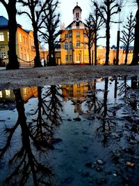 Reflection of building in puddle